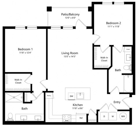 Floor plan for 2 beds, 2 baths, 1162 sqft